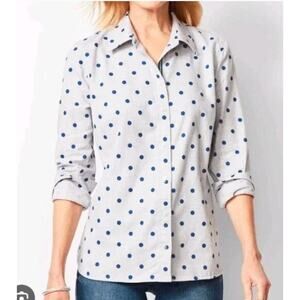 Talbots Gray & Navy Polka Dot Cotton Flannel Shirt Racing Stripe Medium Petite